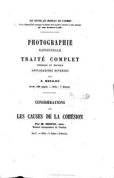 Le cosmos revue encyclopedique hebdomadaire des progres des sciences et de leurs applications aux arts et a l'industrie