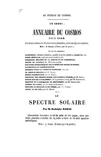 Le cosmos revue encyclopedique hebdomadaire des progres des sciences et de leurs applications aux arts et a l'industrie