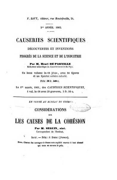 Le cosmos revue encyclopedique hebdomadaire des progres des sciences et de leurs applications aux arts et a l'industrie