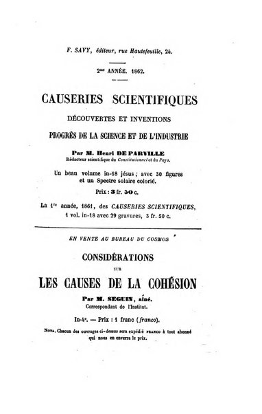 Le cosmos revue encyclopedique hebdomadaire des progres des sciences et de leurs applications aux arts et a l'industrie