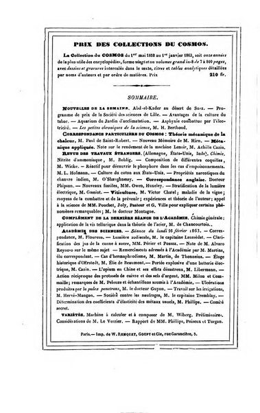 Le cosmos revue encyclopedique hebdomadaire des progres des sciences et de leurs applications aux arts et a l'industrie