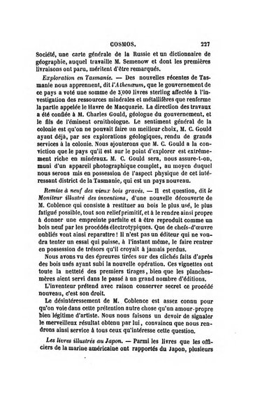 Le cosmos revue encyclopedique hebdomadaire des progres des sciences et de leurs applications aux arts et a l'industrie