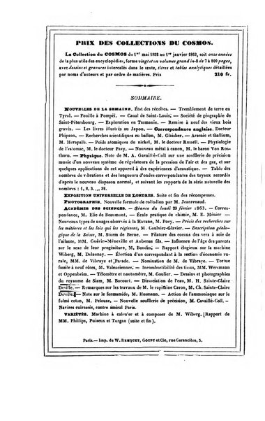 Le cosmos revue encyclopedique hebdomadaire des progres des sciences et de leurs applications aux arts et a l'industrie