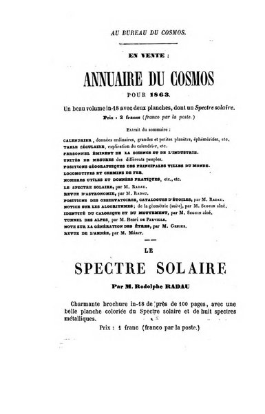 Le cosmos revue encyclopedique hebdomadaire des progres des sciences et de leurs applications aux arts et a l'industrie