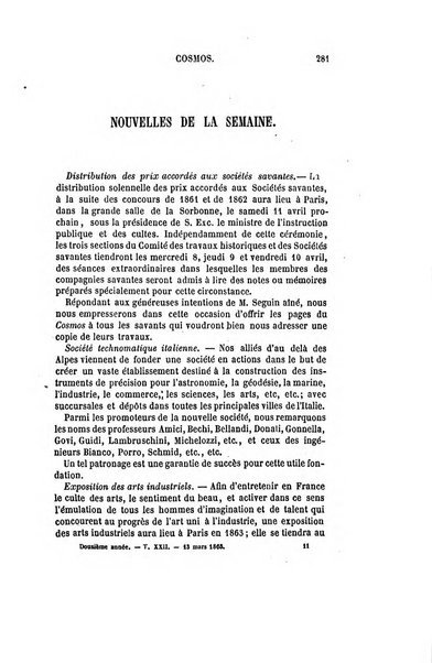 Le cosmos revue encyclopedique hebdomadaire des progres des sciences et de leurs applications aux arts et a l'industrie