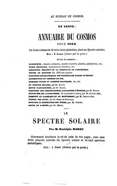 Le cosmos revue encyclopedique hebdomadaire des progres des sciences et de leurs applications aux arts et a l'industrie