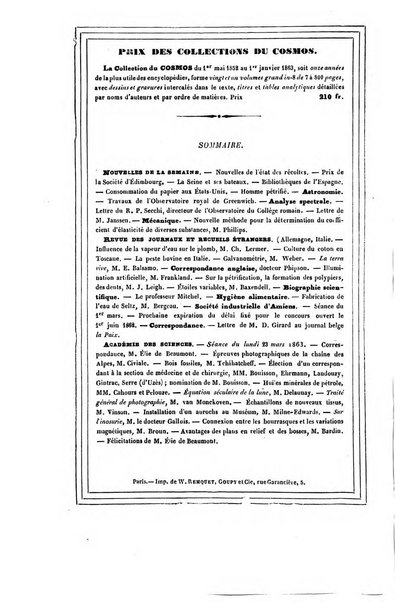 Le cosmos revue encyclopedique hebdomadaire des progres des sciences et de leurs applications aux arts et a l'industrie