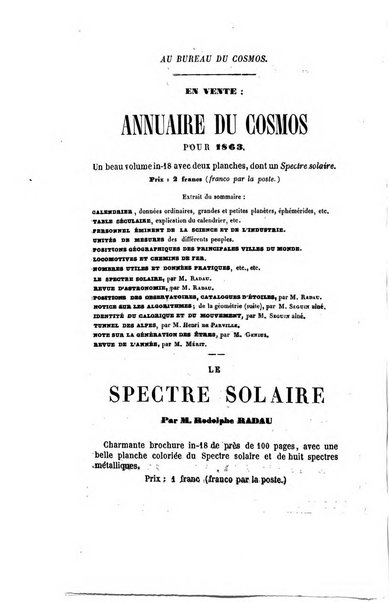 Le cosmos revue encyclopedique hebdomadaire des progres des sciences et de leurs applications aux arts et a l'industrie