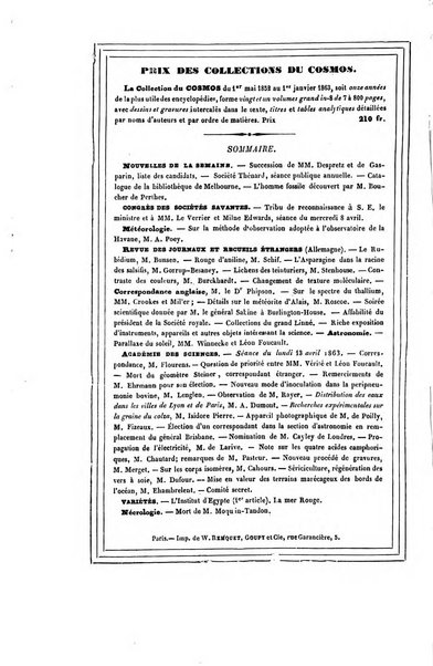 Le cosmos revue encyclopedique hebdomadaire des progres des sciences et de leurs applications aux arts et a l'industrie