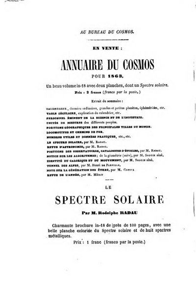 Le cosmos revue encyclopedique hebdomadaire des progres des sciences et de leurs applications aux arts et a l'industrie