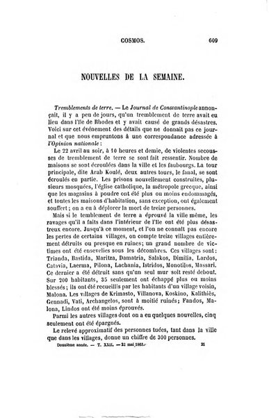 Le cosmos revue encyclopedique hebdomadaire des progres des sciences et de leurs applications aux arts et a l'industrie