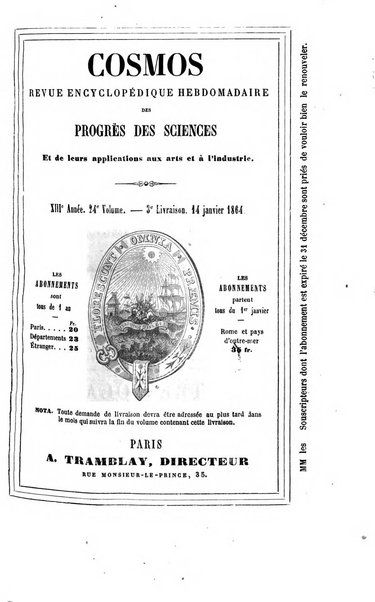 Le cosmos revue encyclopedique hebdomadaire des progres des sciences et de leurs applications aux arts et a l'industrie