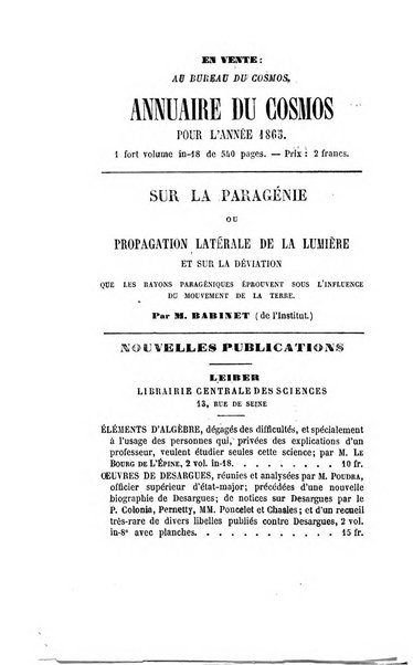 Le cosmos revue encyclopedique hebdomadaire des progres des sciences et de leurs applications aux arts et a l'industrie