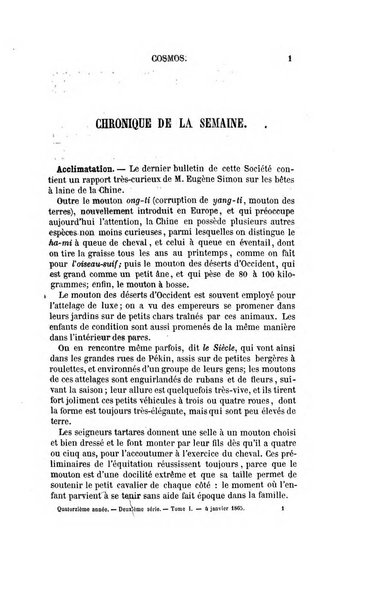 Le cosmos revue encyclopedique hebdomadaire des progres des sciences et de leurs applications aux arts et a l'industrie