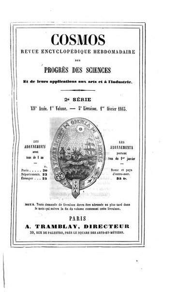 Le cosmos revue encyclopedique hebdomadaire des progres des sciences et de leurs applications aux arts et a l'industrie