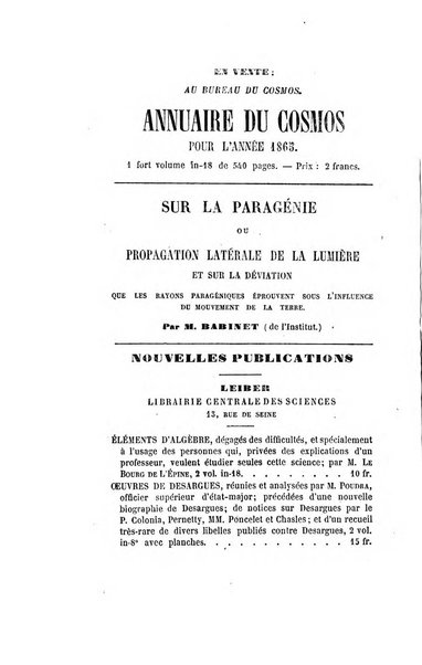 Le cosmos revue encyclopedique hebdomadaire des progres des sciences et de leurs applications aux arts et a l'industrie