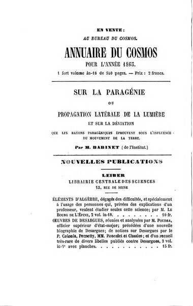 Le cosmos revue encyclopedique hebdomadaire des progres des sciences et de leurs applications aux arts et a l'industrie