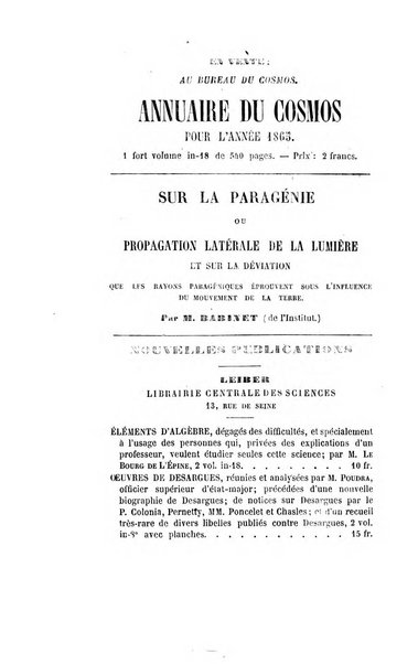 Le cosmos revue encyclopedique hebdomadaire des progres des sciences et de leurs applications aux arts et a l'industrie