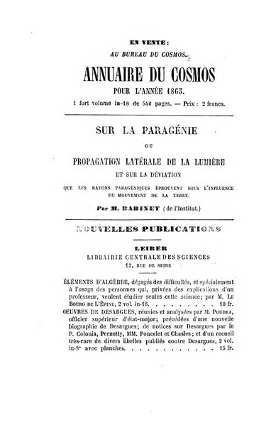 Le cosmos revue encyclopedique hebdomadaire des progres des sciences et de leurs applications aux arts et a l'industrie