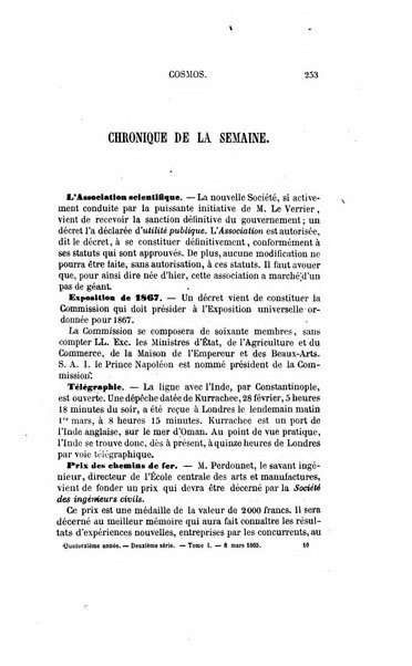 Le cosmos revue encyclopedique hebdomadaire des progres des sciences et de leurs applications aux arts et a l'industrie