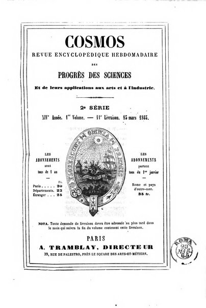 Le cosmos revue encyclopedique hebdomadaire des progres des sciences et de leurs applications aux arts et a l'industrie