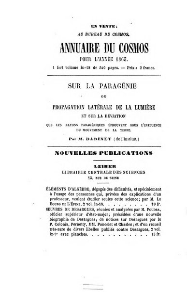 Le cosmos revue encyclopedique hebdomadaire des progres des sciences et de leurs applications aux arts et a l'industrie