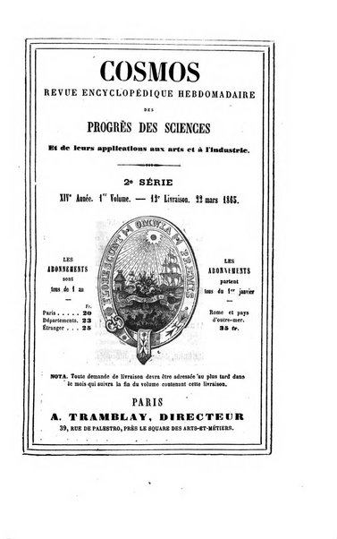 Le cosmos revue encyclopedique hebdomadaire des progres des sciences et de leurs applications aux arts et a l'industrie