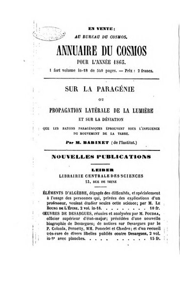 Le cosmos revue encyclopedique hebdomadaire des progres des sciences et de leurs applications aux arts et a l'industrie