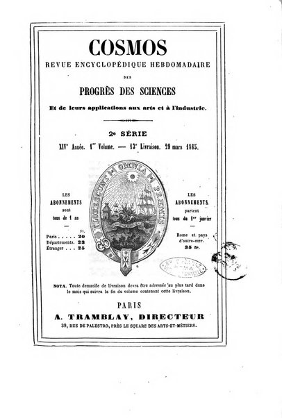 Le cosmos revue encyclopedique hebdomadaire des progres des sciences et de leurs applications aux arts et a l'industrie