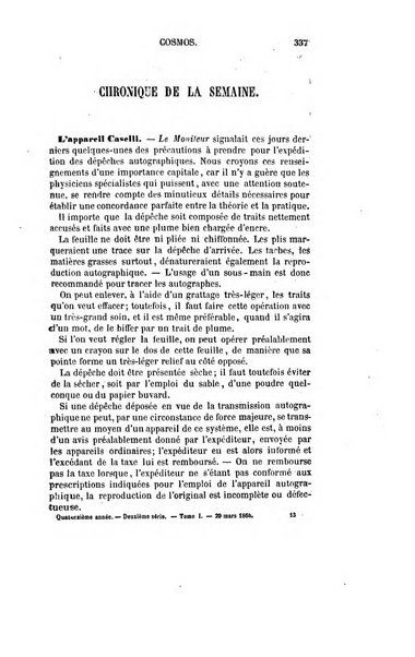 Le cosmos revue encyclopedique hebdomadaire des progres des sciences et de leurs applications aux arts et a l'industrie