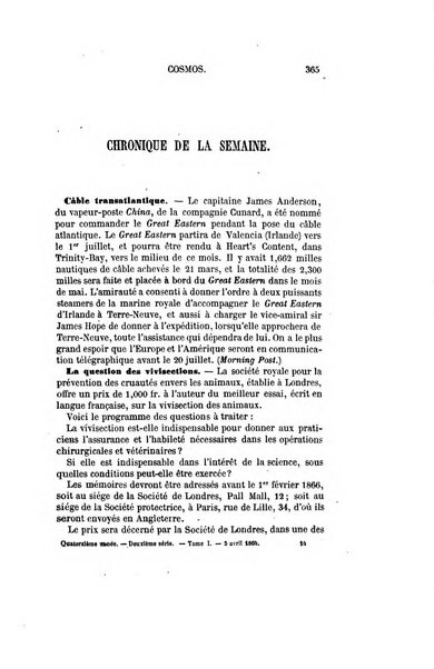 Le cosmos revue encyclopedique hebdomadaire des progres des sciences et de leurs applications aux arts et a l'industrie