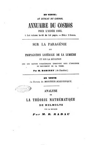 Le cosmos revue encyclopedique hebdomadaire des progres des sciences et de leurs applications aux arts et a l'industrie