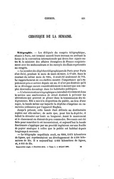 Le cosmos revue encyclopedique hebdomadaire des progres des sciences et de leurs applications aux arts et a l'industrie