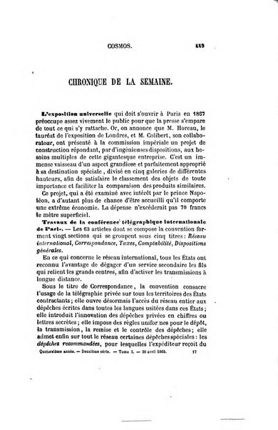 Le cosmos revue encyclopedique hebdomadaire des progres des sciences et de leurs applications aux arts et a l'industrie