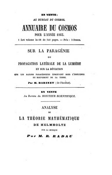 Le cosmos revue encyclopedique hebdomadaire des progres des sciences et de leurs applications aux arts et a l'industrie