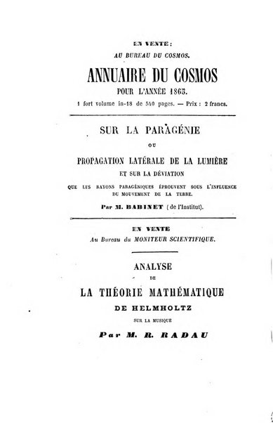 Le cosmos revue encyclopedique hebdomadaire des progres des sciences et de leurs applications aux arts et a l'industrie