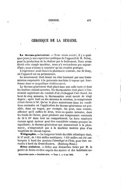 Le cosmos revue encyclopedique hebdomadaire des progres des sciences et de leurs applications aux arts et a l'industrie