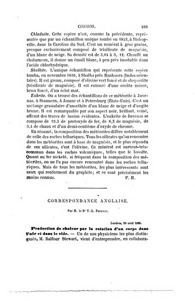 Le cosmos revue encyclopedique hebdomadaire des progres des sciences et de leurs applications aux arts et a l'industrie