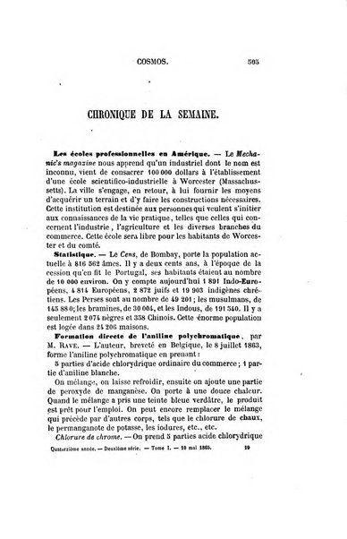 Le cosmos revue encyclopedique hebdomadaire des progres des sciences et de leurs applications aux arts et a l'industrie