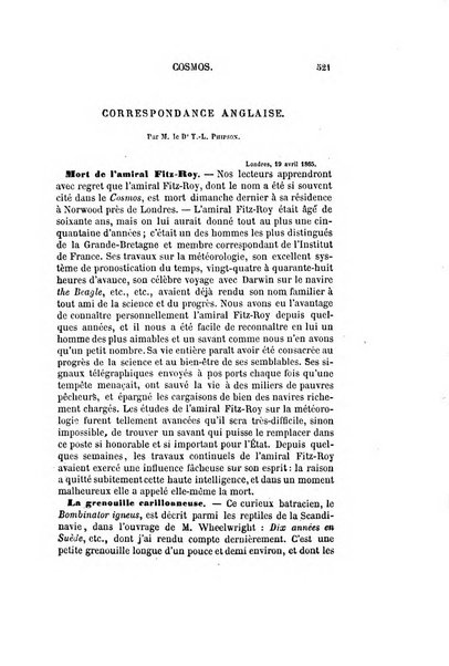 Le cosmos revue encyclopedique hebdomadaire des progres des sciences et de leurs applications aux arts et a l'industrie