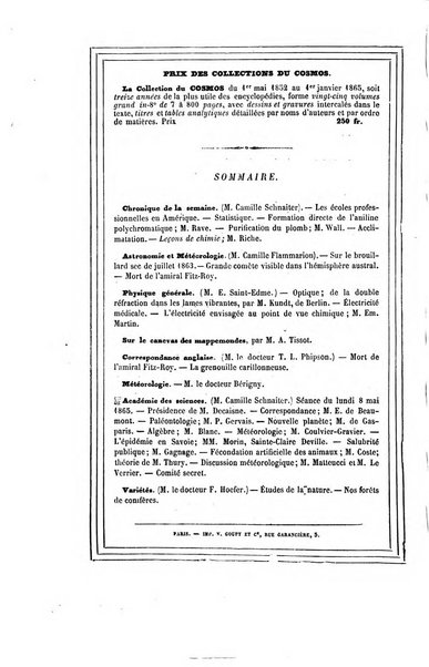 Le cosmos revue encyclopedique hebdomadaire des progres des sciences et de leurs applications aux arts et a l'industrie