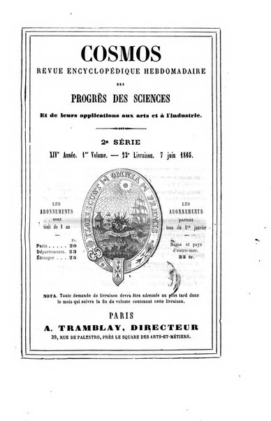 Le cosmos revue encyclopedique hebdomadaire des progres des sciences et de leurs applications aux arts et a l'industrie