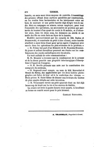 Le cosmos revue encyclopedique hebdomadaire des progres des sciences et de leurs applications aux arts et a l'industrie