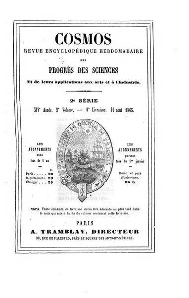 Le cosmos revue encyclopedique hebdomadaire des progres des sciences et de leurs applications aux arts et a l'industrie