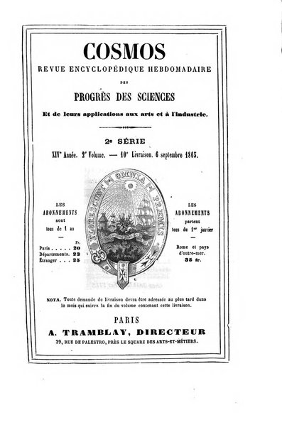 Le cosmos revue encyclopedique hebdomadaire des progres des sciences et de leurs applications aux arts et a l'industrie