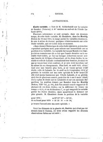 Le cosmos revue encyclopedique hebdomadaire des progres des sciences et de leurs applications aux arts et a l'industrie