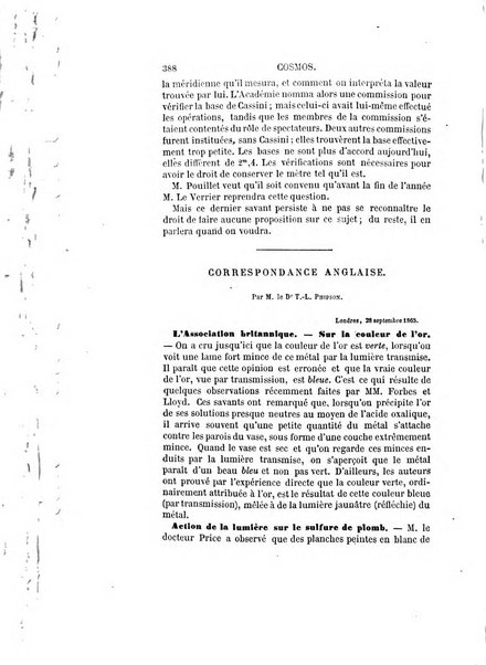 Le cosmos revue encyclopedique hebdomadaire des progres des sciences et de leurs applications aux arts et a l'industrie