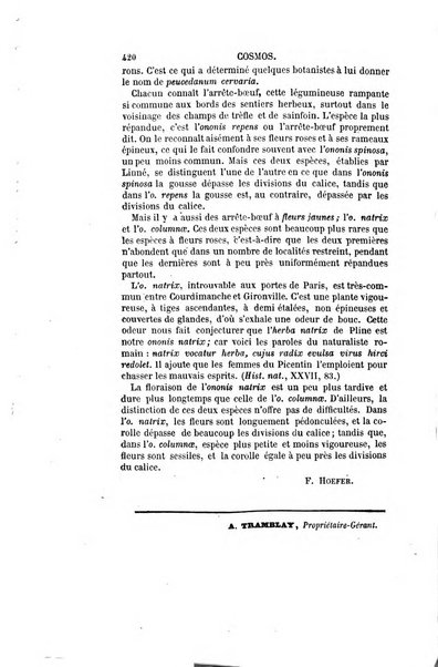 Le cosmos revue encyclopedique hebdomadaire des progres des sciences et de leurs applications aux arts et a l'industrie