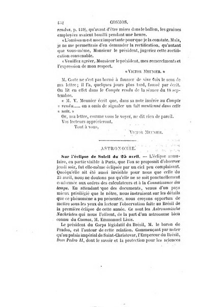 Le cosmos revue encyclopedique hebdomadaire des progres des sciences et de leurs applications aux arts et a l'industrie