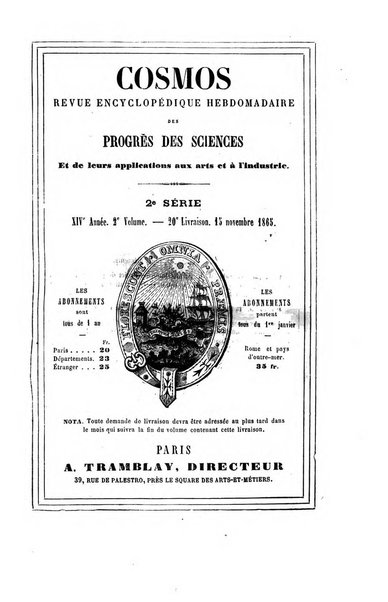 Le cosmos revue encyclopedique hebdomadaire des progres des sciences et de leurs applications aux arts et a l'industrie